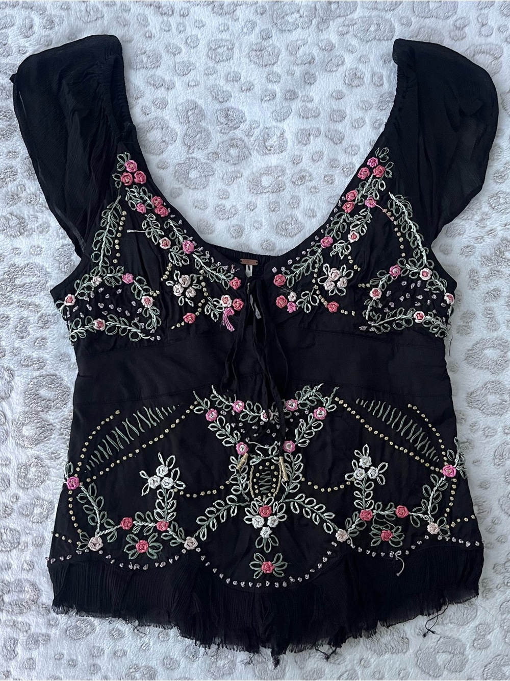 Free People Black Scoop-Neck Embroidered Floral Blouse